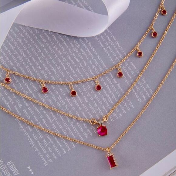 Gold chain layering necklace set of pink crystal stones - Picture 1 of 4